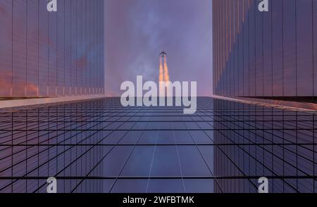Low Angle View von Wolkenkratzern. Suchen der Perspektive. Ansicht von unten auf das moderne Wolkenkratzer im Geschäftsviertel. Business Konzept der Erfolg der Industrie Stockfoto