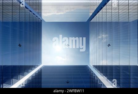 Low Angle View von Wolkenkratzern. Suchen der Perspektive. Ansicht von unten auf das moderne Wolkenkratzer im Geschäftsviertel. Business Konzept der Erfolg der Industrie Stockfoto
