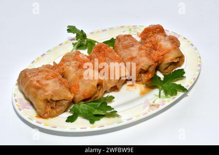 Kohl mit Hackfleisch, gedünstet in Tomaten und Karotten, genannt Kohlbrötchen, liegt in einer Schüssel auf einem Teller. Stockfoto