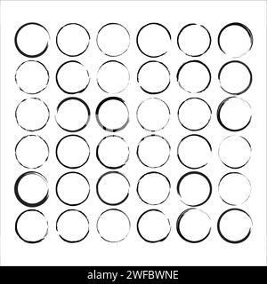 Satz von Schleifkreisrahmen. Schwarze runde Formen. Tintenart. Flaches Design. Abstrakte Kunst. Vektorabbildung. Rohbild. EPS 10. Stock Vektor
