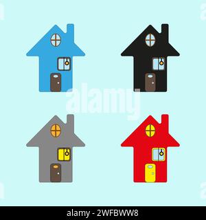 Farbiges Simple Houses Set-Symbol. Niedliche Familienstube. Handgezeichnetes Bild. Flaches Schild. Vektorabbildung. Rohbild. EPS 10. Stock Vektor