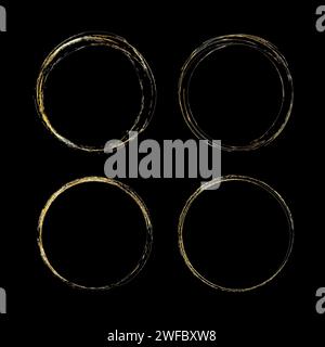 Set aus goldenem Silhouettenkreis auf schwarzem Hintergrund. Runder Rahmen. Freihandkunst. Vektorabbildung. Rohbild. EPS 10. Stock Vektor