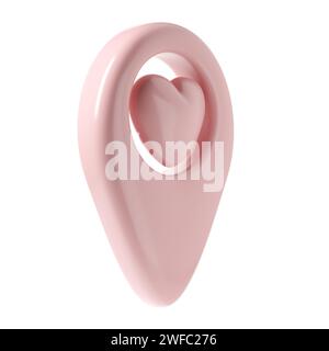 Kartenzeiger 3D-Pin-Symbol valentine. Rosafarbener Geotag-Punkt mit Herz, Lieblingssymbol Liebe. Illustration für Web, Apps, Infografiken Stockfoto