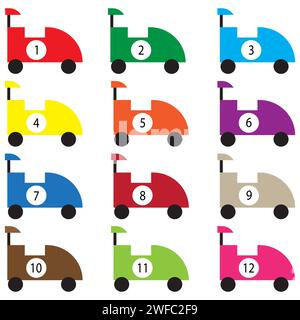 Racing Kids Cars Kollektion. Farbenfrohe Elemente. Charakterdesign. Sport-Hintergrund. Vektorabbildung. Rohbild. EPS 10. Stock Vektor