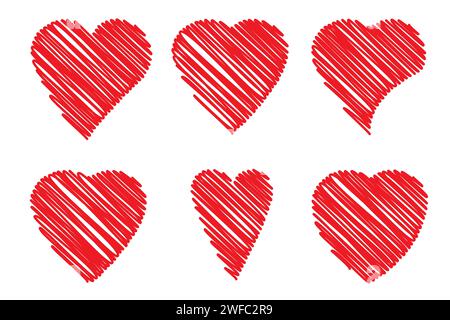 Rote Herzsymbole gesetzt. Filzstiftzeichnung. Romantischer Hintergrund. Liebes-Symbol. Vektorabbildung. Rohbild. EPS 10. Stock Vektor