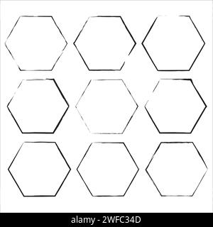 Schwarzer grundiger Sechskantrahmen. Symbolgruppe. Geometrische Formen. Handgezeichnete Skizze. Kunstdesign. Vektorabbildung. Rohbild. EPS 10. Stock Vektor