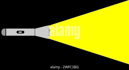 Symbol für leuchtende Taschenlampe. Elektrowerkzeug. Modernes Design. Schwarzer Hintergrund. Strichgrafik. Vektorabbildung. Rohbild. EPS 10. Stock Vektor