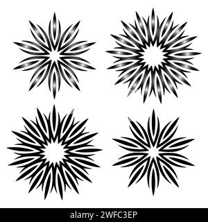 Symbole für Kreis mit Strahlen. Geometrisches Muster. Runde Form. Vektorabbildung. Rohbild. EPS 10. Stock Vektor