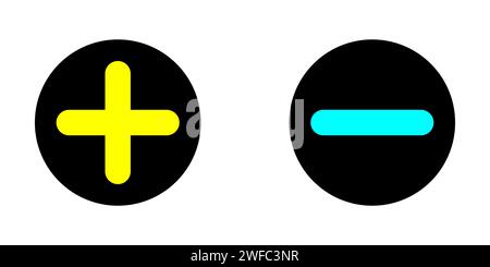 Plus- und Minussymbol. Mathematisches Element. Taschenrechnerzeichen. Gelbe und türkisfarbene Farben. Vektorabbildung. Rohbild. EPS 10. Stock Vektor