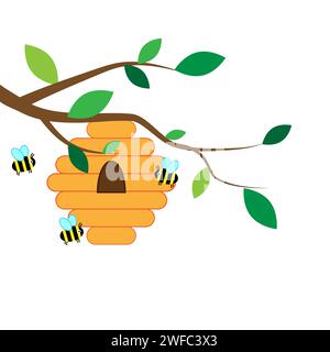 Beehive-Symbol. Fliegende Tiere. Baumzweig. Cartoon-Design. Handgezeichnet. Abstrakter STYLE. Vektorabbildung. Rohbild. EPS 10. Stock Vektor