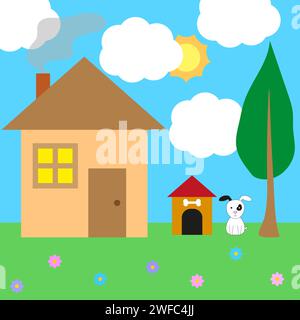 Cartoon House. Glückliche Familie. Comic-Hintergrund. Vektorabbildung. Rohbild. EPS 10. Stock Vektor