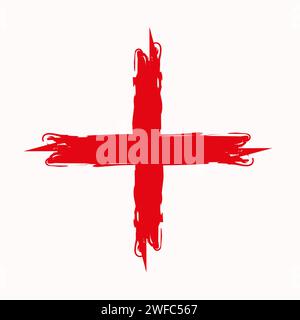 Rotes Plussymbol auf weißem Hintergrund. Pinselstriche malen. Mathematische Hintergründe. Tintendesign. Vektorabbildung. Rohbild. EPS 10. Stock Vektor