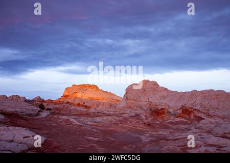 Das erste Licht auf den Sandsteinmonolithen im White Pocket Recreation Area, Vermilion Cliffs National Monument, Arizona. Stockfoto