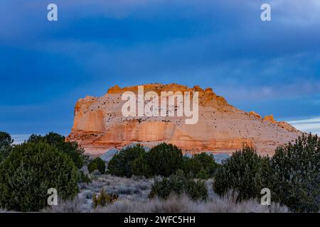 Das erste Licht auf den Sandsteinmonolithen im White Pocket Recreation Area, Vermilion Cliffs National Monument, Arizona. Stockfoto