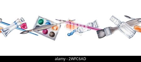 Nahtloser, wiederholbarer Rand mit Pinseln, Bleistift, Farbset, Wassersprühflasche. Aquarellabbildung isoliert auf weißem Hintergrund. Kunstzubehör Stockfoto