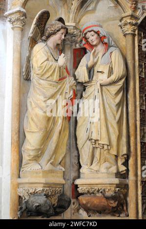 Burgos Stadt, Catedral de Santa Maria. Anunciacion de Maria, Puerta del Klaustro Alto. Burgos, Castilla y Leon, Spanien. Stockfoto