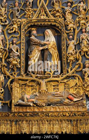 Burgos Stadt, Catedral de Santa Maria. Capilla de Santa Ana, Altaraufsatz mit Jesse-Baum, San Joaquin y Santa Ana (16. Jahrhundert von Diego de Si) Stockfoto