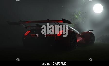 Futuristisches Sportwagen-Coupé in Rot auf schwarzem Hintergrund, Supersportwagen. 3D-Rendering Stockfoto