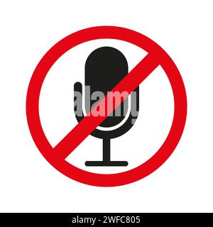 Kein Ton. Kein Mikrofon. Isoliertes Objekt. Roter Kreis. Verbotsschild. Technologiesymbol. Vektorabbildung. Rohbild. EPS 10. Stock Vektor