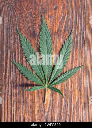 Cannabisblätter auf altem hölzernem Hintergrund Stockfoto