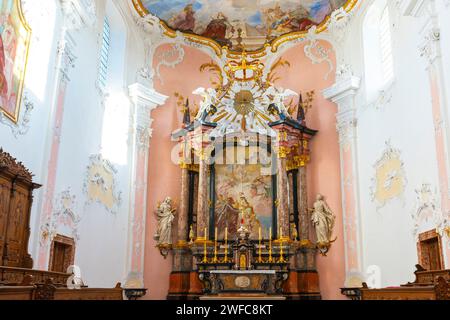 Das Hauptaltarbild zeigt das Königspaar Henrik II. Und Kunigunde, das Maria den neuen Dom präsentiert. Arlesheim, Schweiz. Die Römische Katze Stockfoto