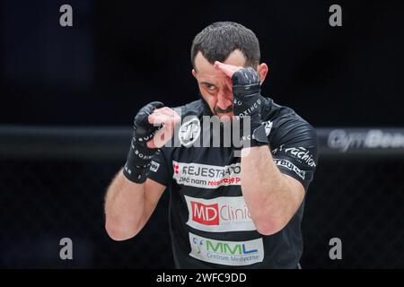 Gliwice, Polen. Januar 2024. Mamed Khalidov von Polen wurde während des XTB KSW EPIC Media Trainings vor der xtb ksw Epic Fight Gala 02/2024 in der Arena Gliwice gesehen. (Foto: Grzegorz Wajda/SOPA Images/SIPA USA) Credit: SIPA USA/Alamy Live News Stockfoto