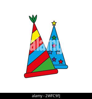 Symbol mit Partyhüten. Festlicher Hintergrund. Alles Gute zum Geburtstag. Design-Element „Happy New Year“. Vektorabbildung. Rohbild. EPS 10. Stock Vektor