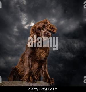 Schokoladenfarbener Spaniel, der aus einer erhöhten Position auf die Kamera mit einem stürmischen, stimmungsvollen Himmel im Hintergrund blickt Stockfoto