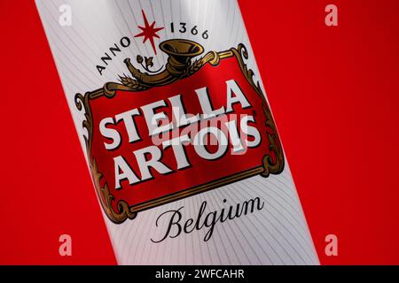 Ukraine. Dnipro. 20. märz 2023: Großes belgisches Bier Stella Artois. Belgien Premium Lager Bierdose Stockfoto