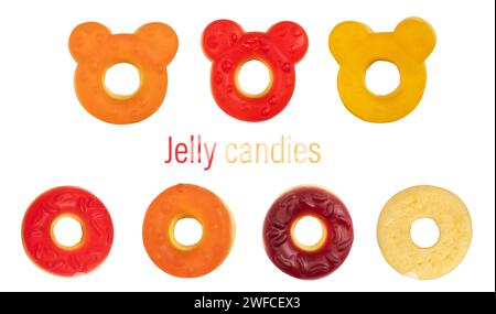 Jelly Donuts Bonbons. Donut-förmige Kaubonbons. Isoliert auf weißem Hintergrund. Sammlung. Stockfoto