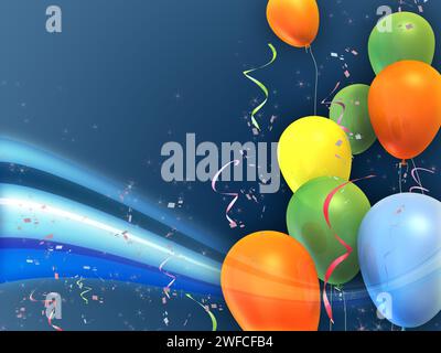 Fröhliche und farbenfrohe Partykomposition. Geeignet für Karten, Einladungen und Hintergründe. Digitale Illustration. Stockfoto