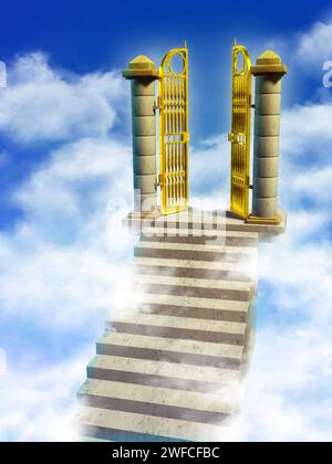 Marmortreppen und goldene Tore führen Sie ins Paradies. Digitale Illustration. Stockfoto