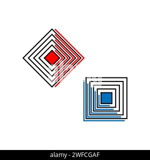 Quadratisch mit einer quadratischen Linie. Rote und blaue Elemente. Geometrische Form. Abstrakte geometrische Linie. Vektorabbildung. Rohbild. EPS 10. Stock Vektor