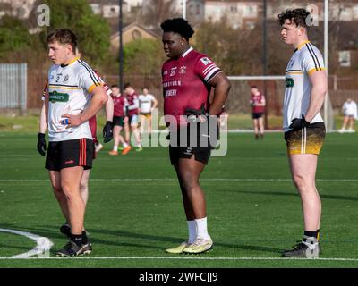 West Dunbartonshire, Schottland, Vereinigtes Königreich. 27. Januar 2024: Das Corn na Mac Leinn Halbfinale zwischen Glasgow University und Liverpool Hope. Stockfoto
