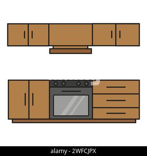 Küchenschrank. Küchen-Symbol-Set. Apartment-Innenausstattung. Vektorabbildung. Rohbild. EPS 10. Stock Vektor