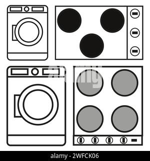 Modernes flaches Symbol mit Symbolen für Haushaltsgeräte. Icons Waschmaschine, Elektroherd. Vektorabbildung. Rohbild. EPS 10. Stock Vektor