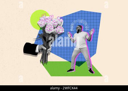Horizontale lustige Foto-Collage des überraschten fröhlichen Mannes bestellte Blumen Blumenstrauß Lieferung Begrüßungsgeschenk für Frau Tag Urlaub Stockfoto