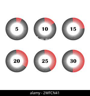 Stoppuhrsymbole einstellen 10, 15, 20, 25, 30 Minuten. Stoppuhr-Symbol. Vektorabbildung. Rohbild. EPS 10. Stock Vektor
