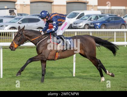 Dysart Enos gewinnt Download der „at the Races“-App für Anfänger auf der Doncaster Racecourse für Fergal O'Brien und Paddy Brennan am Sonntag, den 28. Januar 2024 Stockfoto