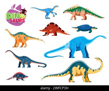 Cartoon-Dinosaurier isolierten niedliche Charaktere. Eoraptor, Polacanthus, Wuerhosaurus und Henodus, Shunosaurus, Haplocanthosaurus und Melanorosaurus, Lotosaurus Dinosaurier Vektor kindliche Persönlichkeiten Set Stock Vektor
