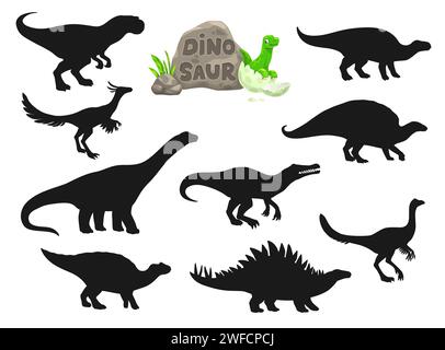 Dinosaurier-Silhouetten. Archaeornithomimus, Dravidosaurus, Ouranosaurus und Probactrosaurus, Hypselosaurus, Alvarezsaurus paläontologisches Tier, Dinosaurier oder ausgestorbene Eidechsenvektoren isolierte Silhouetten Stock Vektor