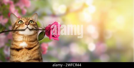 Bengalische Katze mit einer Rose im Mund auf Frühlingsgrund. Kopierbereich. Stockfoto