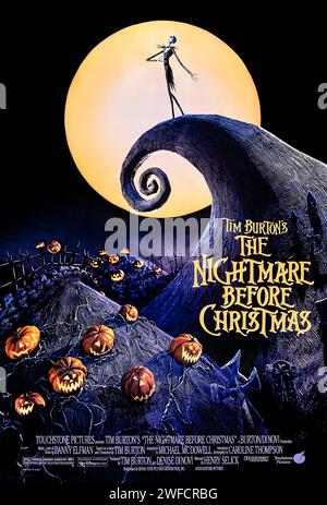 The Nightmare Before Christmas (1993) von Henry Selick mit Danny Elfman, Chris Sarandon und Catherine O’Hara. Jack Skellington, König von Halloween Town, entdeckt Christmas Town, aber seine Versuche, Weihnachten in sein Zuhause zu bringen, sorgen für Verwirrung. Foto eines Original-Posters aus dem Jahr 1993 (US-1-Blatt). ***NUR REDAKTIONELLE VERWENDUNG*** Guthaben: BFA / Buena Vista Pictures Stockfoto