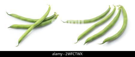 Grüne Bohnen, schwarze Bohnen, schwarze Augen Erbsenschoten, Kuherbsen, Objekt isoliert auf weißem Hintergrund. Stockfoto