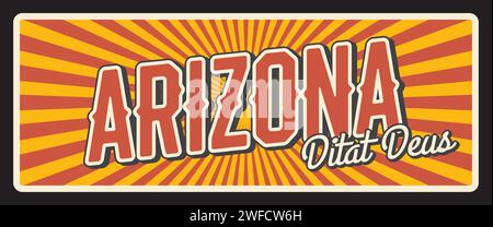 Arizona United States Retro-Blech oder Metallplatte, Schriftzug Didat deus Grand Canyon. Vektor-Typografie-Schriftzüge der Hauptstadt Phoenix, Maricopa City. Altes Straßenschild, Schild oder Wegweiser des US-Bundesstaates Stock Vektor