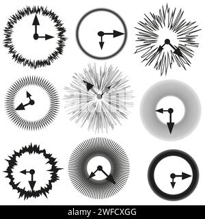 Vintage-Wecker. Klassisches Set. Reisezeit. Rund um die Uhr. Vektorabbildung. Rohbild. EPS 10. Stock Vektor