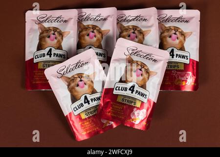 Dnipro, Ukraine - 18. August 2023: Katzenfutter der Marke Club 4 Paws Premium Selection. Stockfoto