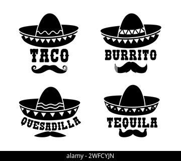 Mexikanischer Sombrero mit Burrito, Taco, Quesadilla und Tequila Typografie-Wörtern. Isolierte vektorschwarze Silhouetten traditioneller lateinischer Kopfbedeckungen mit Schnurrbart und kreativer Schrift von Tex mex Mahlzeiten Stock Vektor