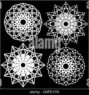 Weiße Schneeflocken, schwarzer Hintergrund. Elegante Dekoration. Sternsymbol. Vektorabbildung. Rohbild. EPS 10. Stock Vektor