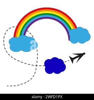 Regenbogenwolkenflugzeug im Fantasy-Stil. Transportkonzept für Reisen. Vektorabbildung. Rohbild. EPS 10. Stock Vektor